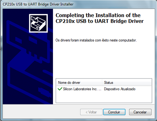 Intalação do NodeMCU no Windows Driver CP210x Concluído